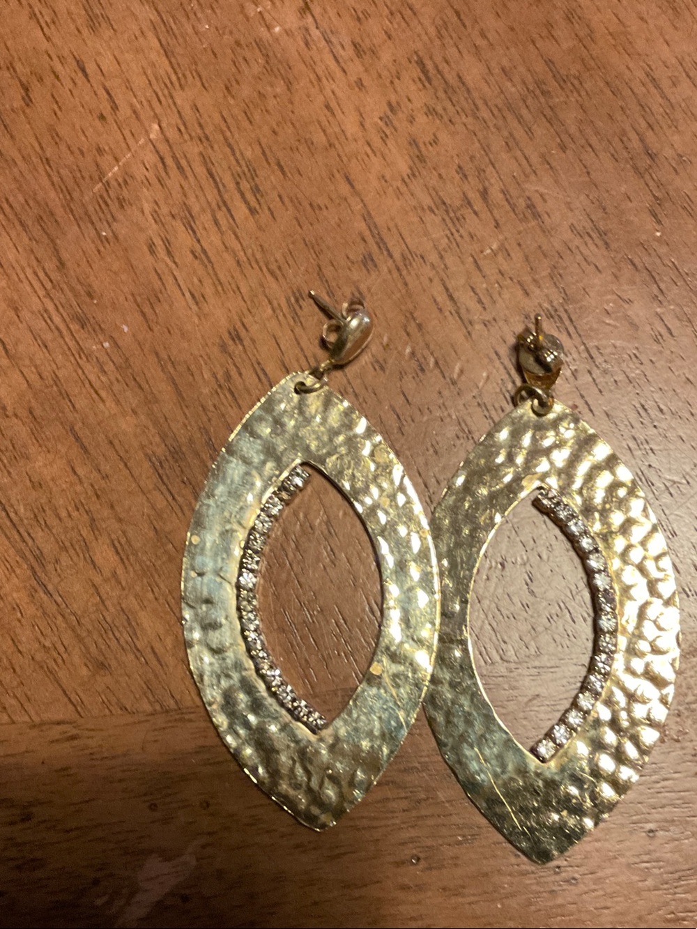 Hammered Gold Teardrop Dangle Earrings with Crystal Trim